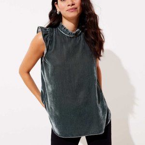 LOFT women's mock neck green velvet velour loose fit ruffle sleeve top small